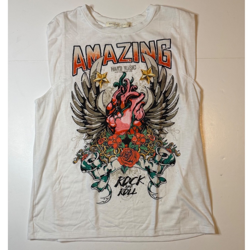 Nylon Apparel Muscle Tank Top Womens Small White Rock and Roll Tee